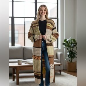 Black Tape_ Long Patchwork Knit Cardigan in Cream, Brown, Olive